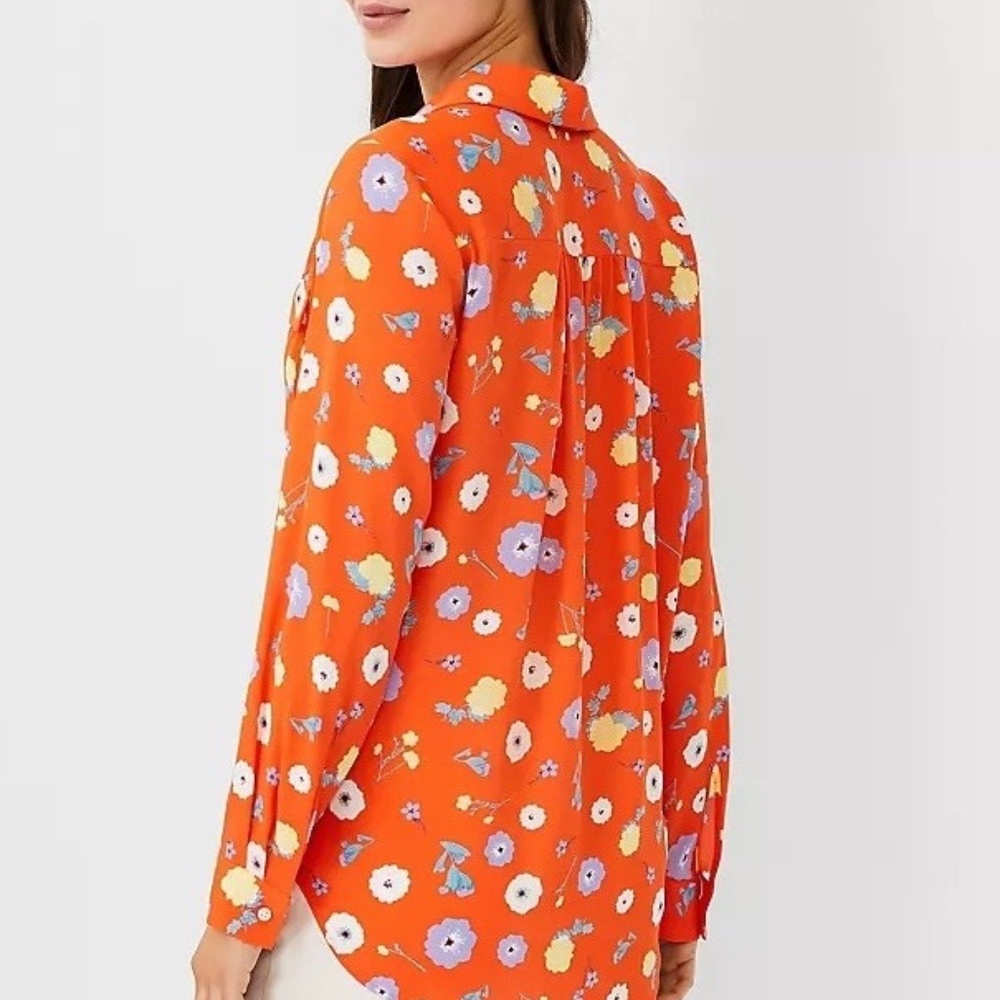 Ann Taylor Popover Orange Floral Camp Shirt Size M - Picture 7 of 7